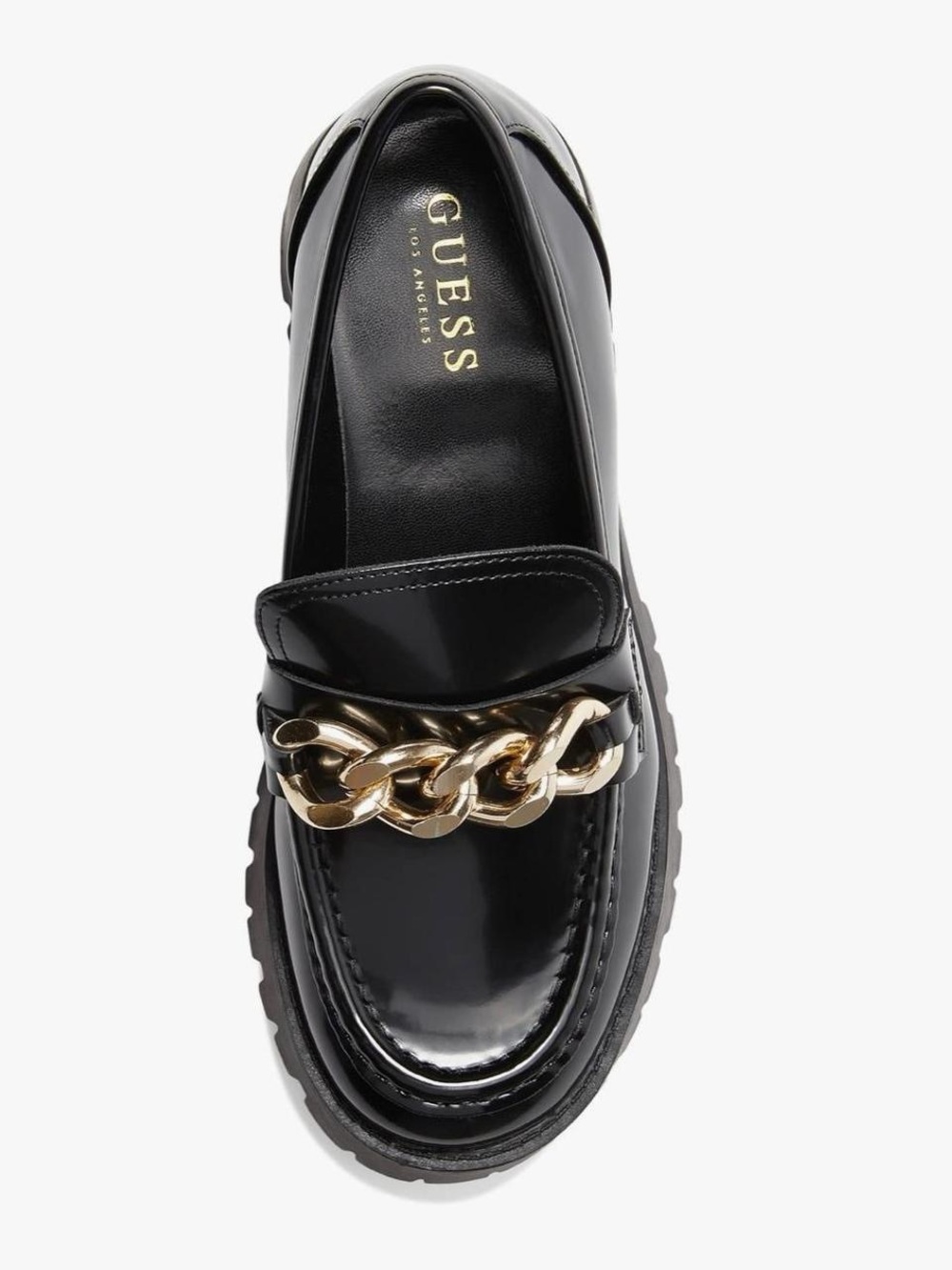 GUESS Black Patent Loafer with Gold Chain